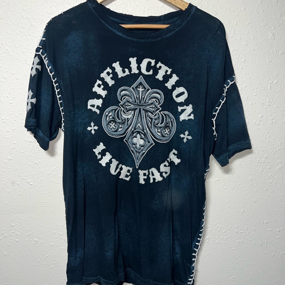 Affliction Blue and‎ White Short Sleeve Tee Vintage Y2K